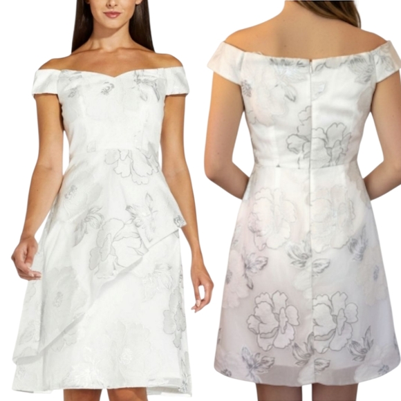 ADRIANNA PAPELL Silver & White Floral Jacquard Cocktail Dress - Size 8 - Picture 1 of 11